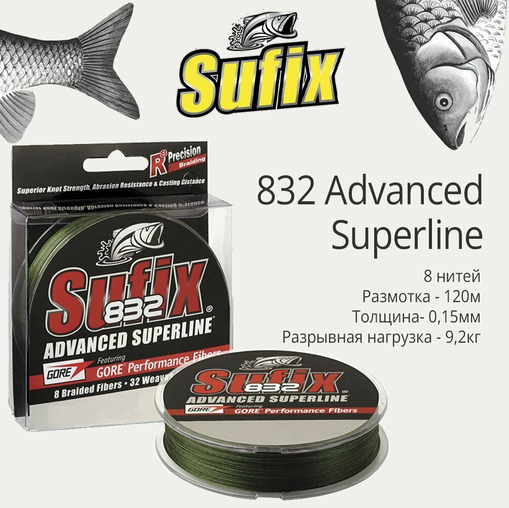 Плетеный шнур для рыбалки Sufix 832 Braid Advanced Superline зеленый 120 м 0,15 мм 9,2 кг PE 0,8 (леска плетеная)