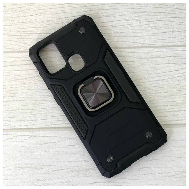Противоударный чехол для Samsung Galaxy A21s черный с пластиной для магнитного автодержателя и кольцом подставкой — фото 1