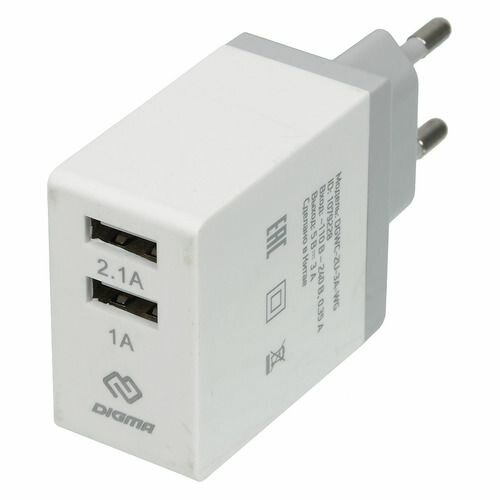 Сетевое зарядное устройство Digma DGWC-2U-3A-WG, 2xUSB, 15.5Вт, 3.1A, белый