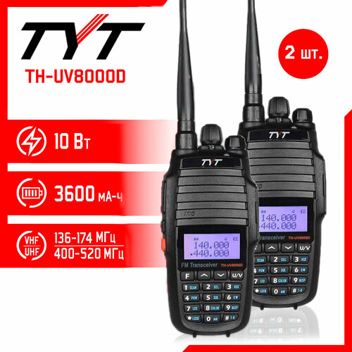 Портативная радиостанция TYT TH-UV8000D 10 Вт Черная комплект 2 шт и радиус 10 км UHF VHF 1470000₽