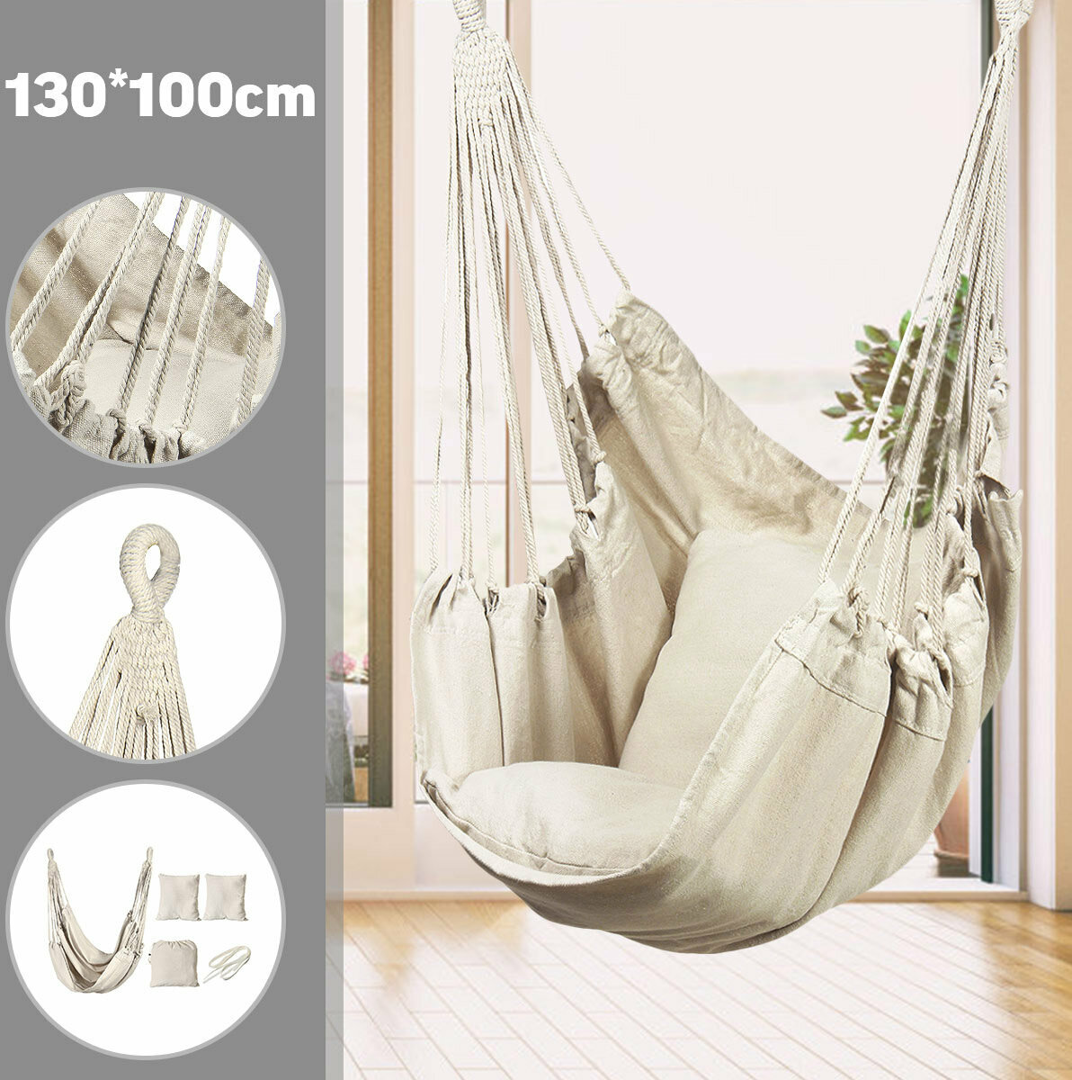 Кресло-гамак подвесное Skully cotton swing chair 130х100 with pillows white - фотография № 1