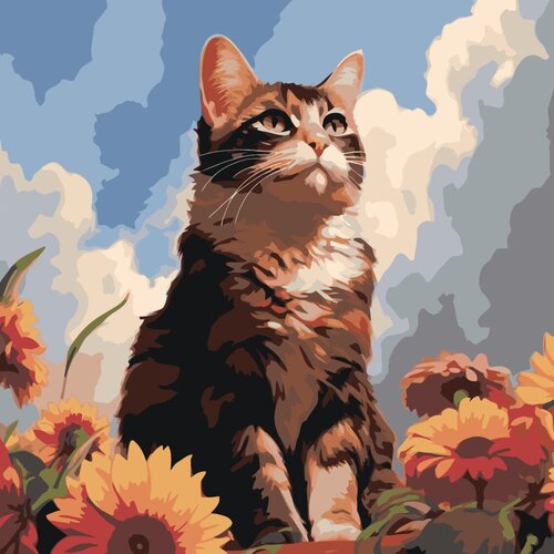 картина по номерам зеленоглазая рыжая кошка с котёнком на стену Картина по номерам Кошка и цветы на стену