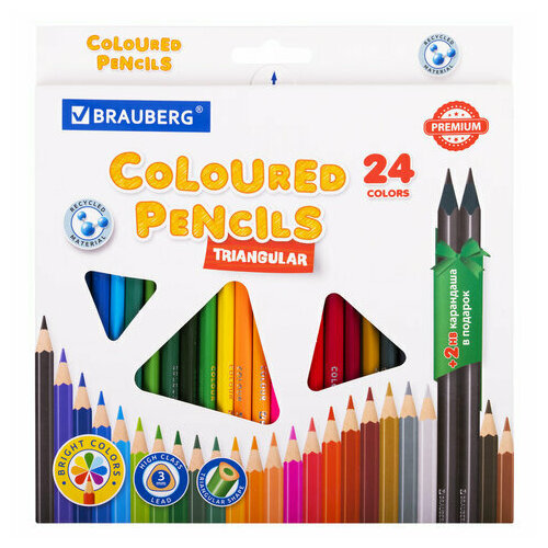 Карандаши цветные пластиковые, BRAUBERG PREMIUM 24 цвета + 2 чернографитных карандаша, 181937 (арт. 181937)