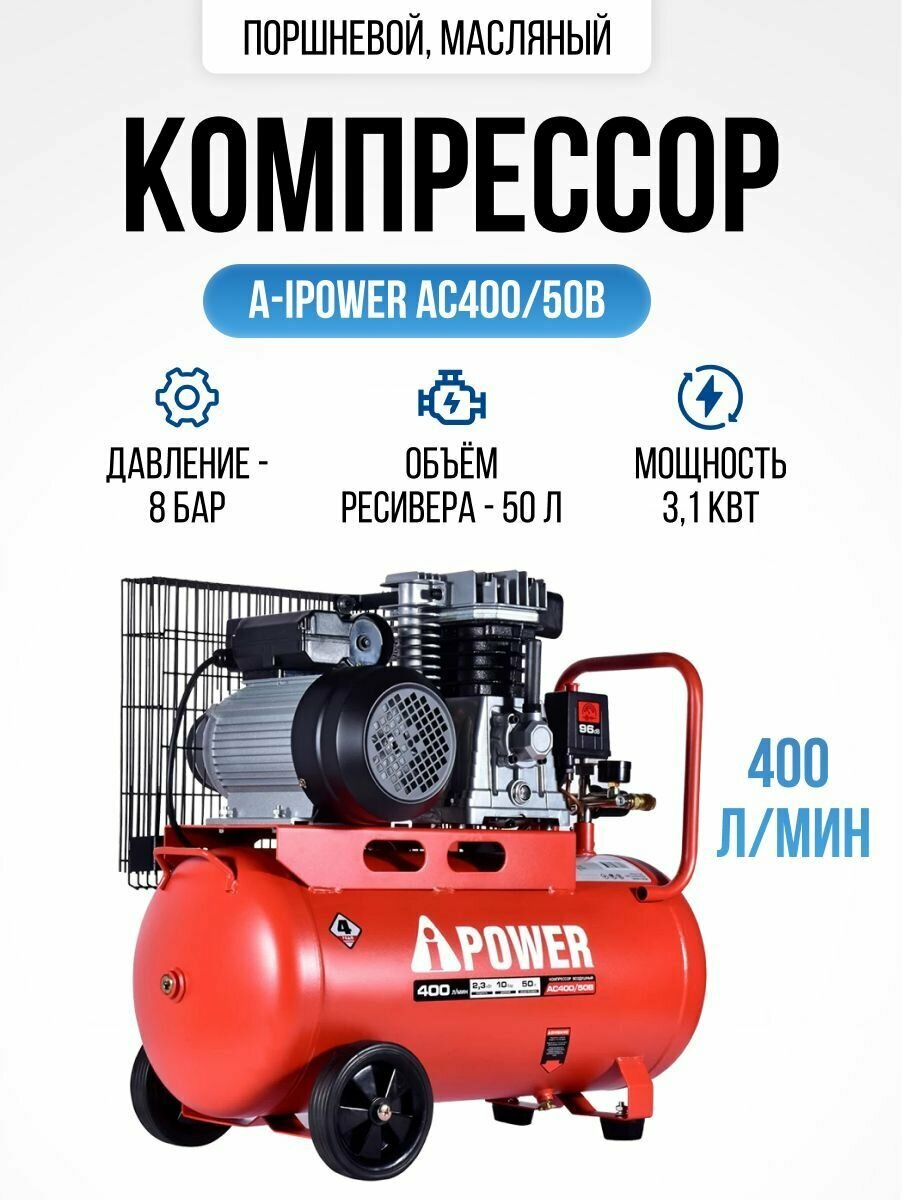 Компрессор поршневой масляный ременной A-iPower AC400/50B (10 Бар 400 л/мин 2200 Вт 50 л 58 кг)