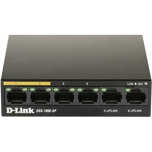 Коммутатор неуправляемый D-link DSS-100E-6P/A1A 6x10/100Base-TX (4 порта PoE 802.3af/at, PoE‐бюджет 55 Вт, дальность до 250 м)