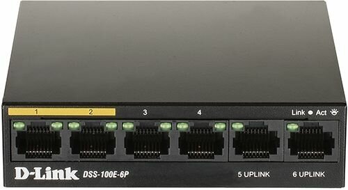 Коммутатор неуправляемый D-link DSS-100E-6P/A1A 6x10/100Base-TX (4 порта PoE 802.3af/at PoE‐бюджет 55 Вт дальность до 250 м)