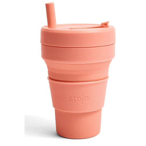 фото Многоразовый складной стакан stojo с крышкой для кофе с собой из пищевого силикона / стакан для кофе / кружка для кофе 470 мл, цвет apricot