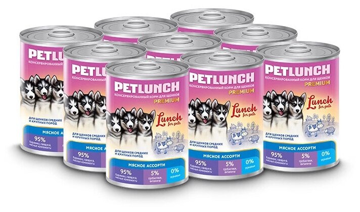Консервы Lunch for pets мясное ассорти для щенков, кусочки в желе для собак, 400 г * 9 шт