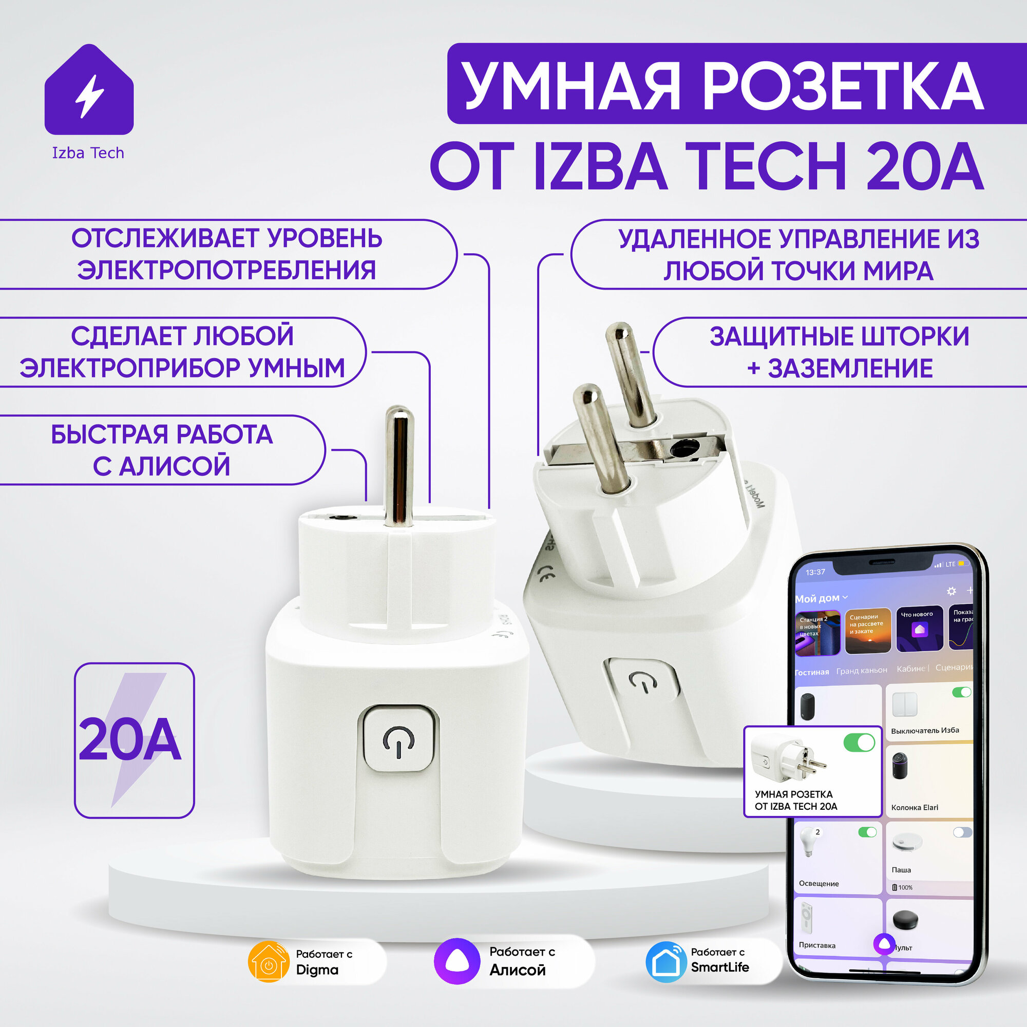 Умная Wi-Fi розетка голосовое управление Алиса 20А с отслеживанием энергопотребления