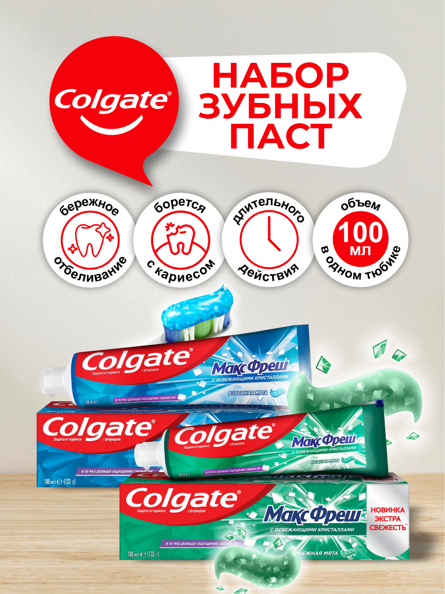 Набор зубных паст Colgate макс фреш Взрывная мята 100 мл. + Нежная мята 100 мл.