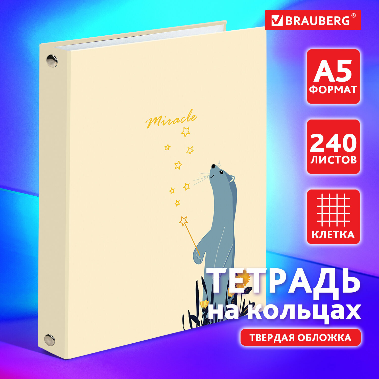 Тетрадь на кольцах А5 (175х215 мм), 240 листов, твердый картон, клетка, Brauberg, Miracle, 404093