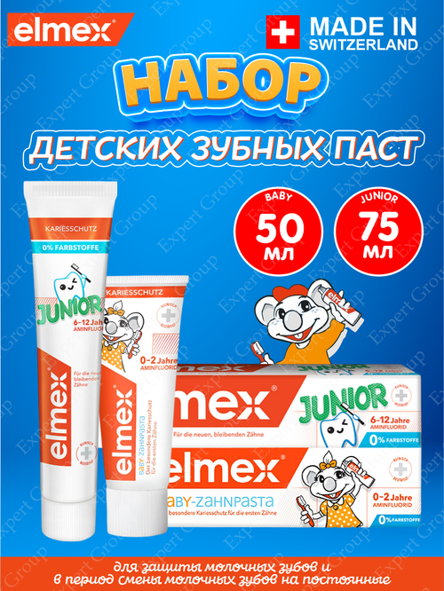 Набор детских зубных паст Elmex Childrens для детей 0-2 лет + Junior для детей 6-12 лет