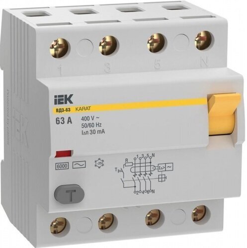 УЗО KARAT ВД3-63 4Р 63А 30мА 6кА тип АС, IEK MDV20-4-063-030 (1 шт.)