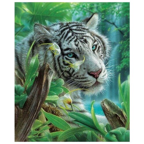 Алмазная мозаика на холсте с подрамником (картина стразами, алмазная вышивка) Белый тигр в джунглях 40x50 см
