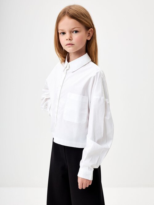 Школьная рубашка Sela, прямой силуэт, на пуговицах, длинный рукав, карманы, однотонная, размер 134, белый