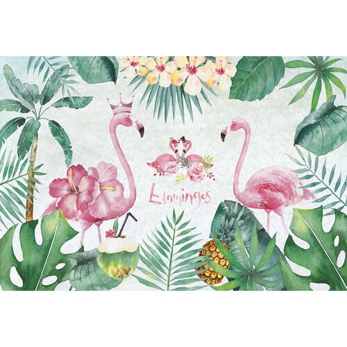 Моющиеся виниловые фотообои GrandPiK Королевские фламинго и тропические листья детские, 420х280 см