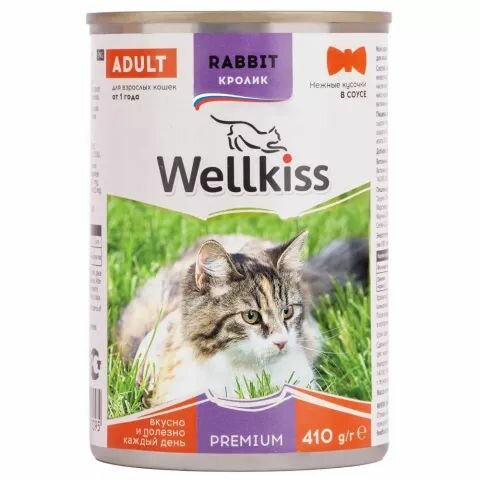 Wellkiss Влажный корм консервы для кошек, нежные кусочки с кроликом в соусе, 410 гр, 4 шт