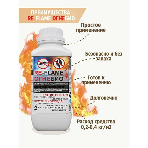 Огнезащита пропитка RE-FLAME огнебио 1 литр антижук для древесины от короеда пропитка pc423 1л тм professional