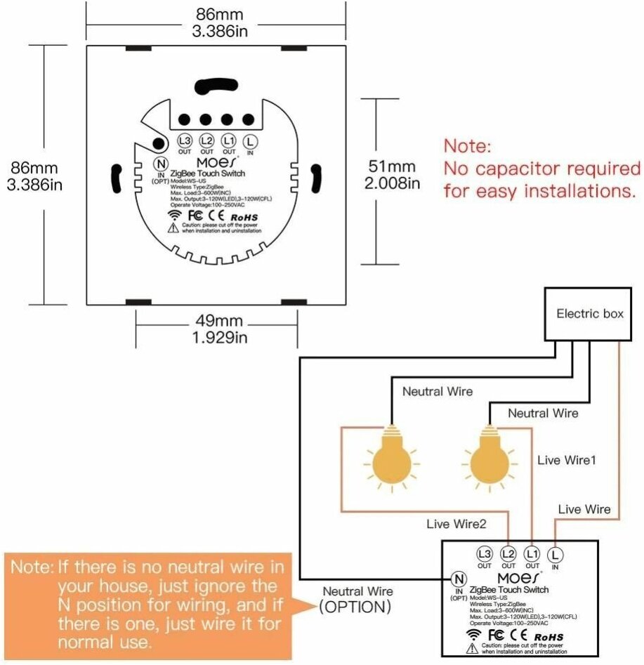 Выключатель Moes ZigBee 3-Gang Wireless Switch ZT-B-EU3