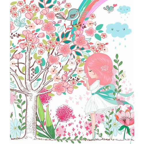 Моющиеся виниловые фотообои Рисунок: Девочка и цветущие деревья, 250х290 см