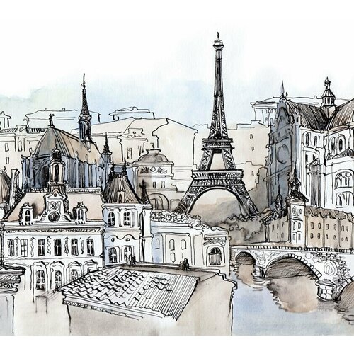 Моющиеся виниловые фотообои GrandPiK Акварель Франция Париж Эйфелева башня, 250х240 см