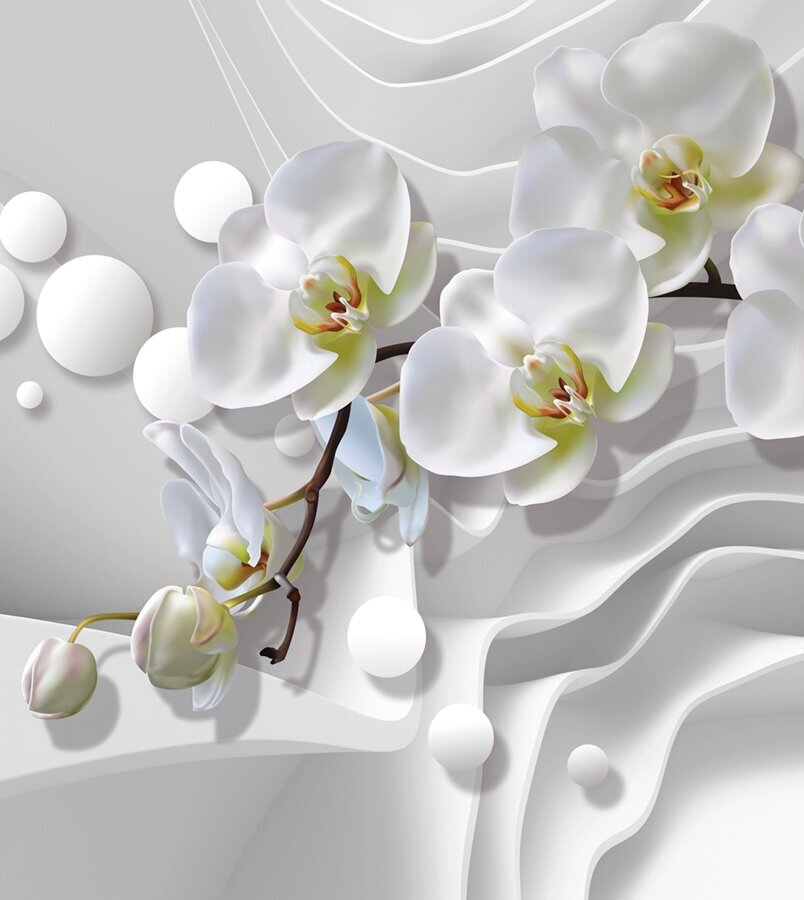 Моющиеся виниловые фотообои GrandPiK Белая орхидея и ломаные линии 3D черно-белое, 250х280 см