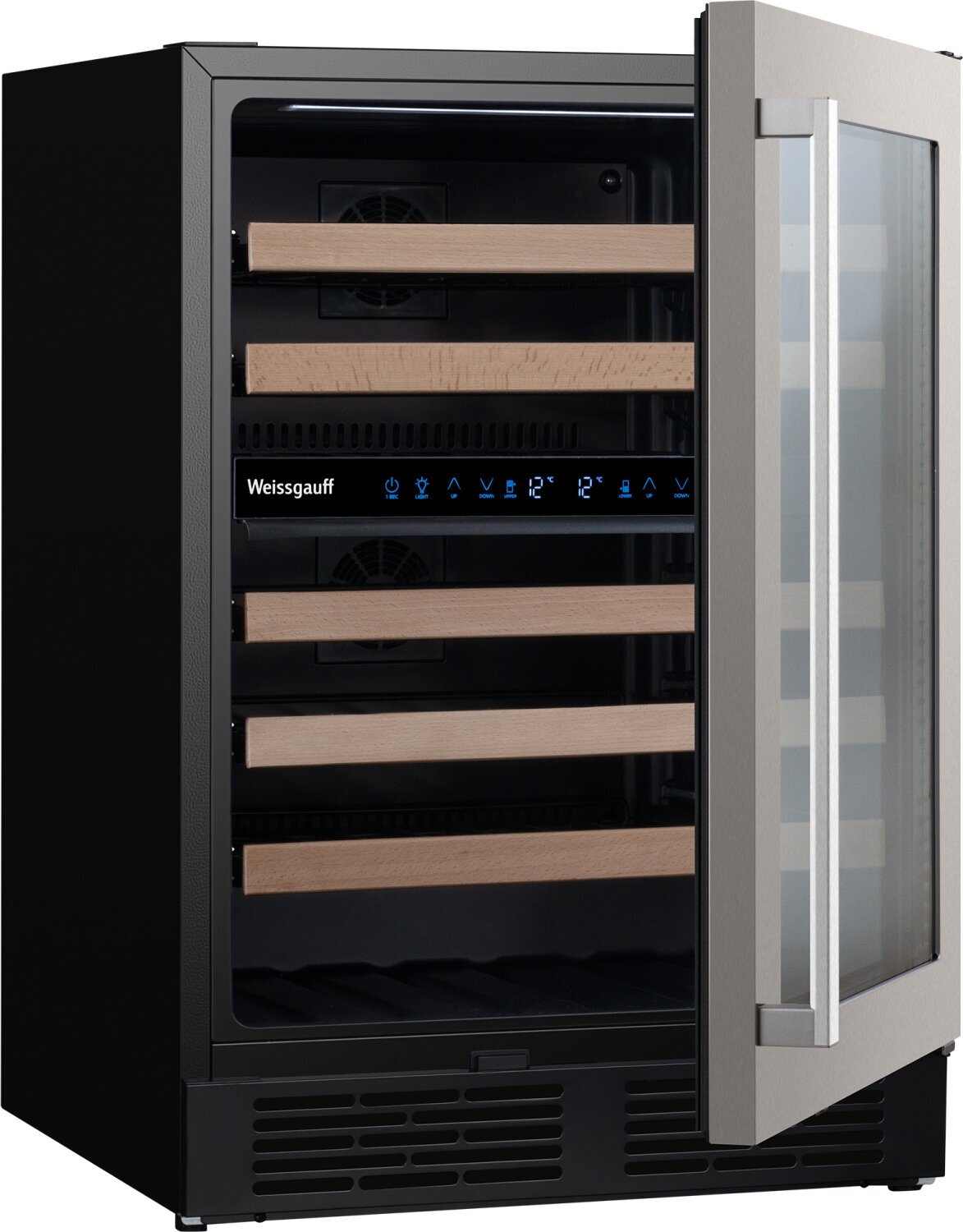 Встраиваемый винный холодильник Weissgauff WWC-46 Bottle Premium NoFrost Dual Zone 3 года гарантии, Полностью электронное управление, Перенавешиваемая дверь, Полки выполненные из дерева