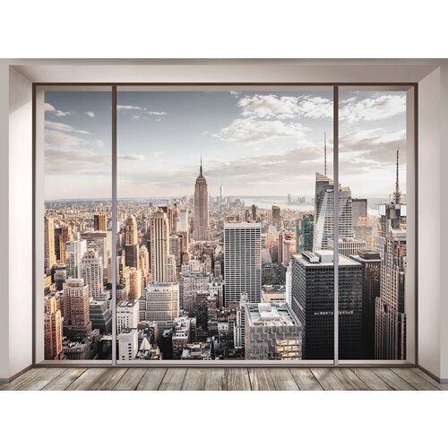 Моющиеся виниловые фотообои GrandPiK Нью-Йорк сквозь панорамное окно, 350х260 см