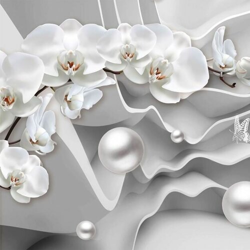 Моющиеся виниловые фотообои Орхидея и бусы монохром 3D, 250х250 см