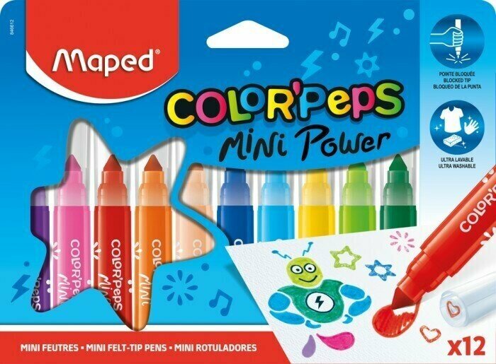 Фломастеры 12цветов MAPED COLOR PEPS JUMBO MINI POWER, суперсмываемые, штампы на колпачках