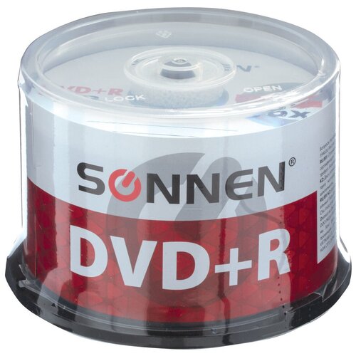 Диски DVD+R (плюс) SONNEN 4,7 Gb 16x Cake Box (упаковка на шпиле), комплект 50 шт., 512577