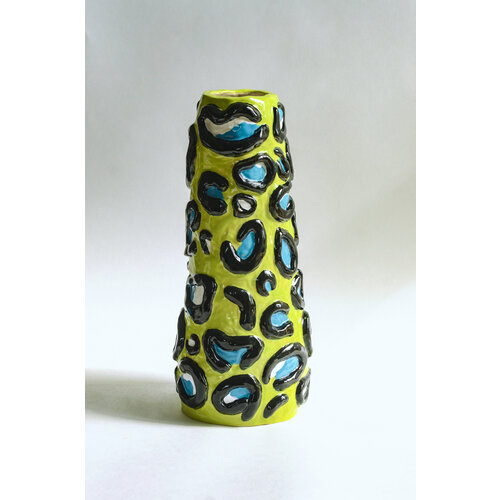Керамическая ваза, Krivenko Diana, зелёная керамическая ваза с расписным декором Леопард, 1.3 кг, 8см х 10см х 20см