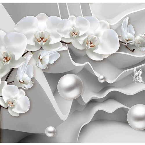 Моющиеся виниловые фотообои Орхидея и бусы монохром 3D, 300х290 см