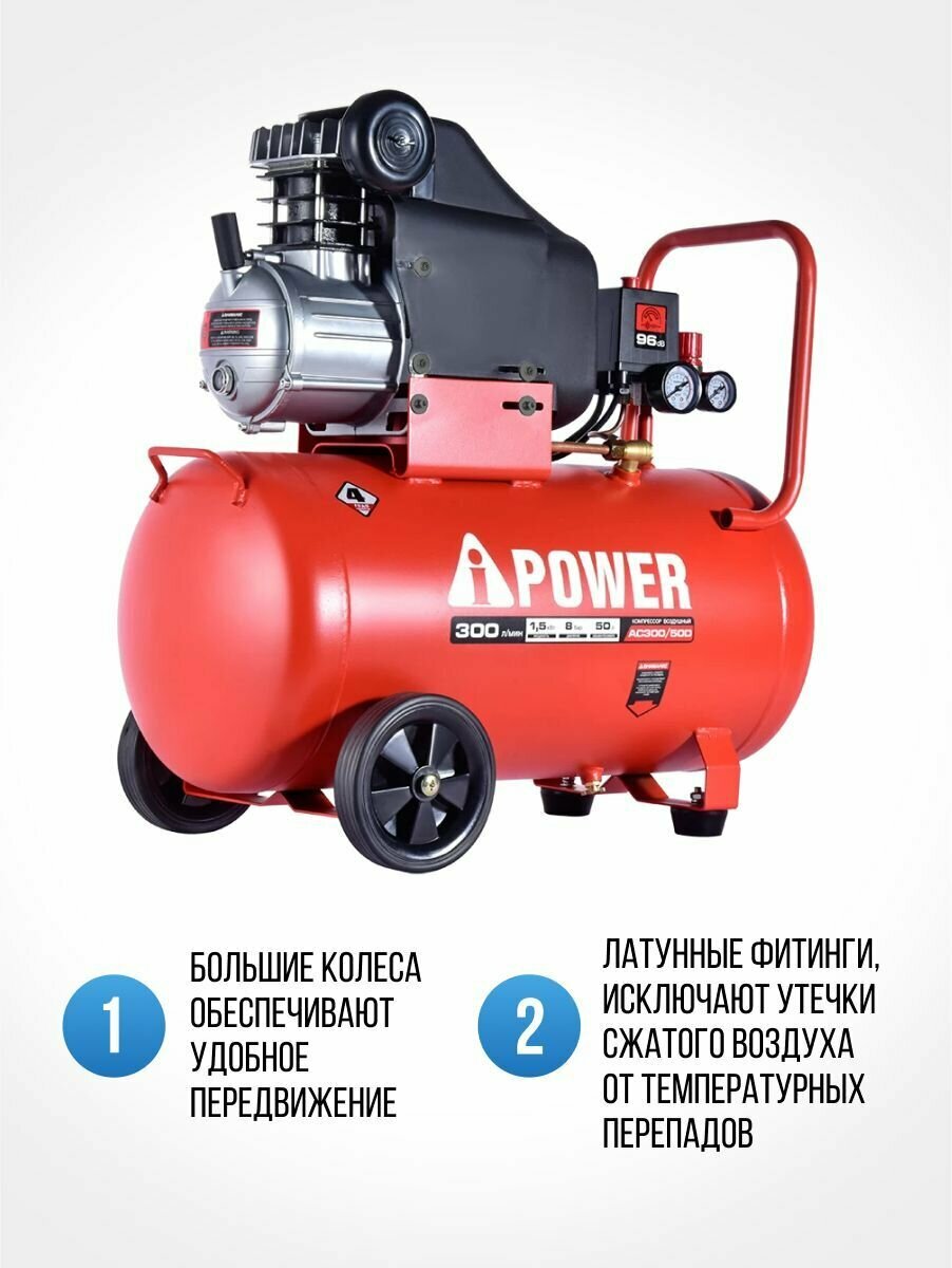 Компрессор поршневой масляный A-iPower AC300/50D (8 Бар, 300 л/мин, 1500 Вт, 50 л, 30 кг)