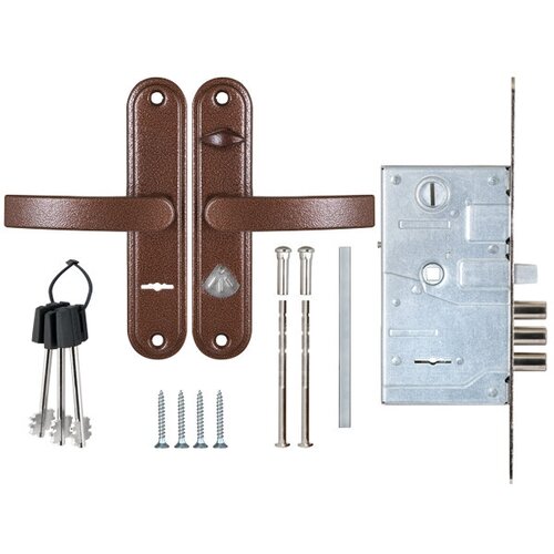 Замок врезной Sam (Сам) сувальдный с защёлкой в компл с ручкой ЗВ9-8.3/13(КЛП5-85) лев (медн ант), 3 кл/88011/