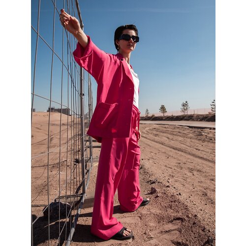 фото Брюки палаццо демисезонные, оверсайз силуэт, повседневный стиль, карманы, размер 46/48, розовый, фуксия нет бренда