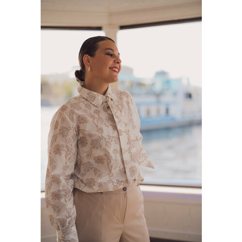 Рубашка  Modress, повседневный стиль, прямой силуэт, длинный рукав, флористический принт, размер 60, бежевый