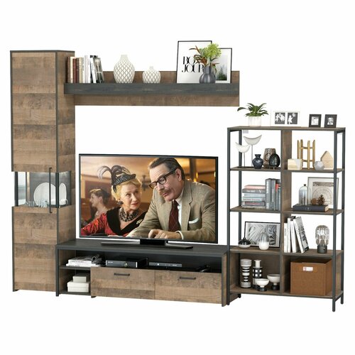 Навесная полка с ТВ-тумбой и стеллаж 13.151.02 Трувор, цвет дуб гранж песочный/интра, ШхГхВ 284,6х45,4х210 см, универсальная сборка