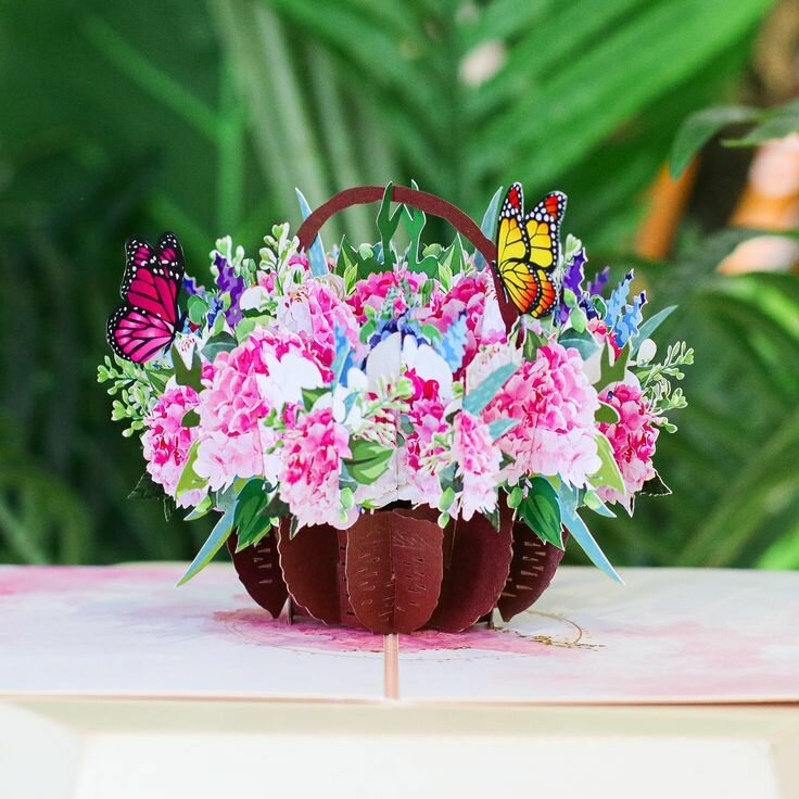 Открытка объемная 3Д подарок на день рождения "цветы розовые В корзине"