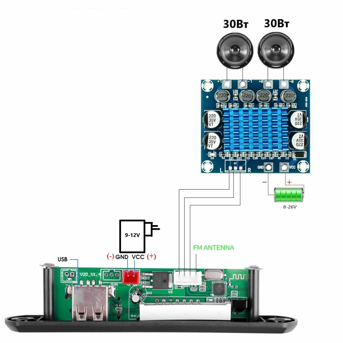 Автомобильный Mp3 декодер Bluetooth и цифровой усилитель звука Run Energy TPA3110 / XH-A232