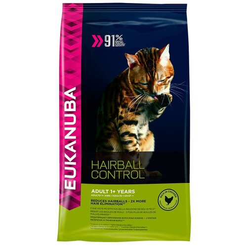 Сухой корм для кошек Eukanuba Hairball control, с курицей 2 шт. х 400 г