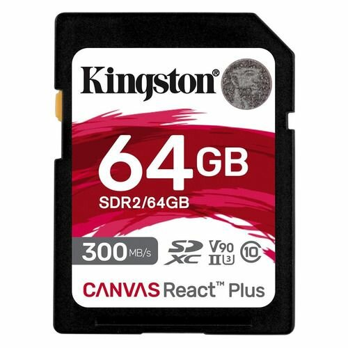 Карта памяти SDXC UHS-II U3 Kingston Canvas React Plus 64 ГБ, 300 МБ/с, 90X, Class 10, SDR2/64GB, 1 шт, без адаптера