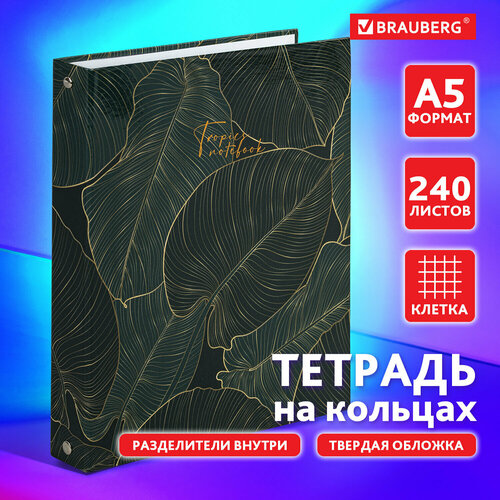 Тетрадь на кольцах А5 (175х215 мм), 240 листов, твердый картон, клетка, с разделителями, BRAUBERG, Листья, 404099 Комплект : 4 шт.