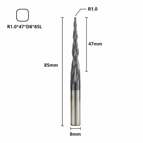 Фреза спиральная двухзаходная конусная сферическая XCAN 1,0х47х8х85мм, покрытие TiALN фреза спиральная двухзаходная конусная сферическая xcan 1 0х15х4х50 мм покрытие tialn