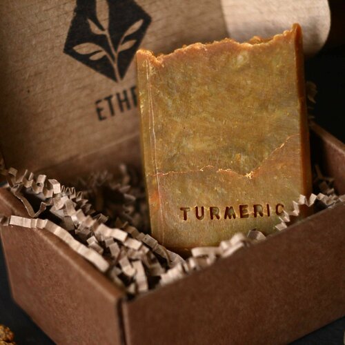 ETHER TURMERIC: натуральное мыло ручной работы с куркумой, маслом облепихи и эфирным маслом чайного дерева, 120 грамм