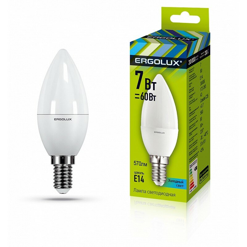 Ergolux LED-C35-7W-E14-3K (Эл. лампа светодиодная Свеча 7Вт E14 3000K 172-265В), цена за 1 шт.