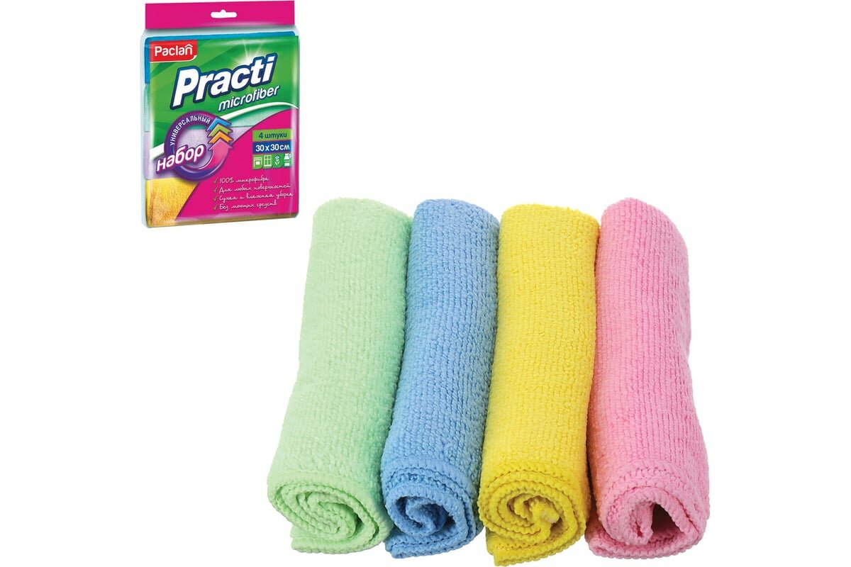 Paclan Салфетки универсальные, 30x30 см, комплект 4 шт, микрофибра, Practi Microfiber, 410260 604095 410261