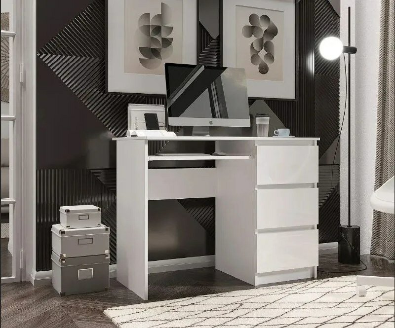 фото Компьютерный стол Челси с полкой под клавиатуру, 3 ящиками и полкой Белый