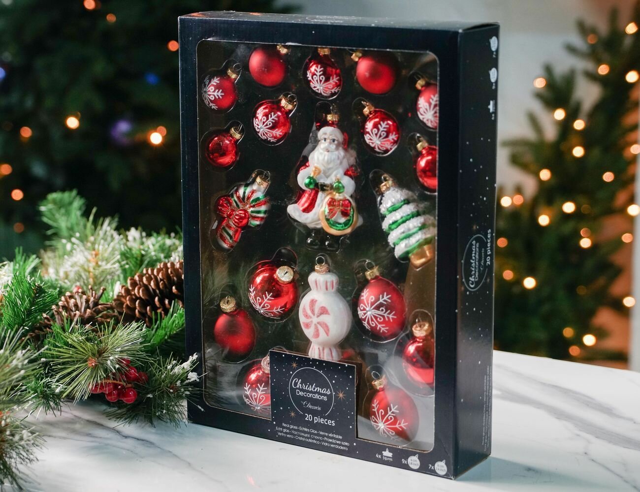 Набор стеклянных ёлочных украшений с новогодний, 4-13 см (упаковка 20 шт.), Kaemingk (Decoris)