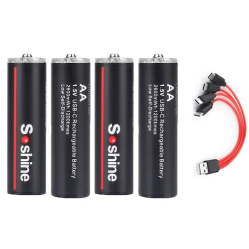 Soshine Аккумуляторные батарейки AA, 1.5 V, 2600 mWh, 4 шт с зарядкой от USB кабеля.